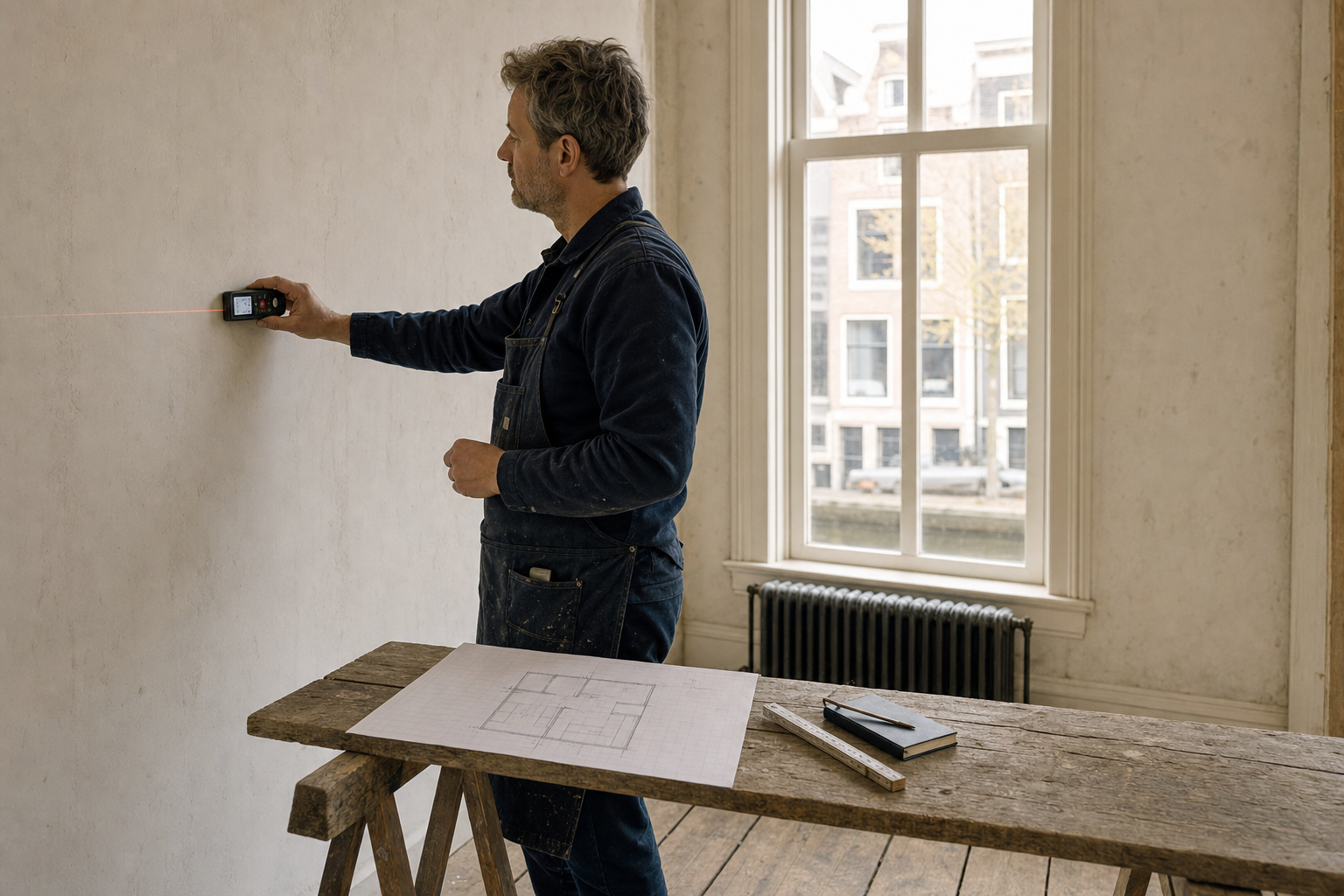 Iemand meet zelf thuis een keukenwand op met duimstok en meetkaart